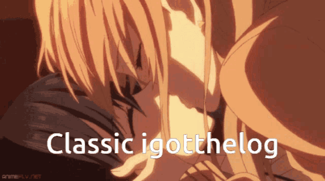 a couple kissing with the words classic igotthelog written below them