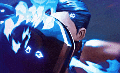 a close up of a person 's face with a blue and white background