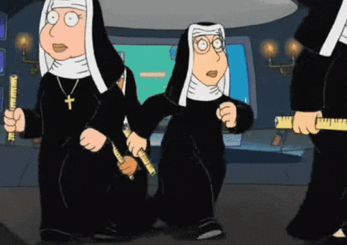 a cartoon of nuns holding measuring tapes and a ruler