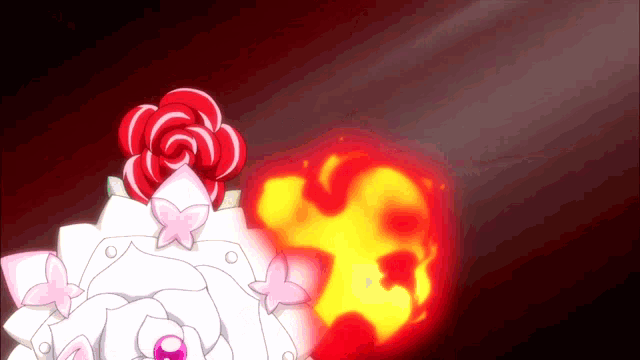 a cartoon character with a red rose on top of it