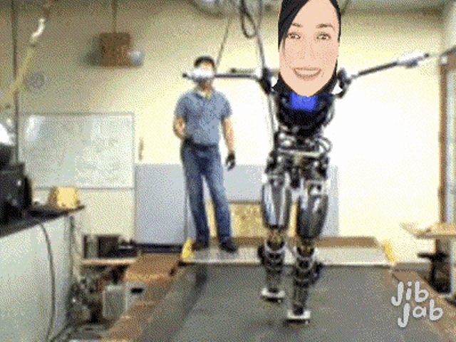 a robot with a woman 's face on it and jib jab written on the bottom right