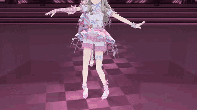 a girl with long hair is wearing a pink and white dress