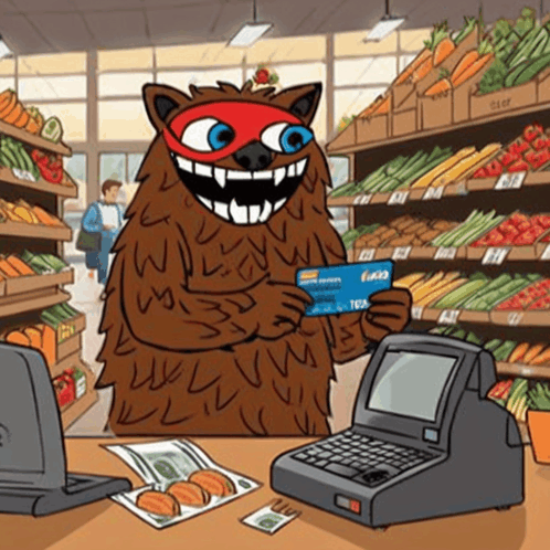 a cartoon of a furry monster holding a visa card