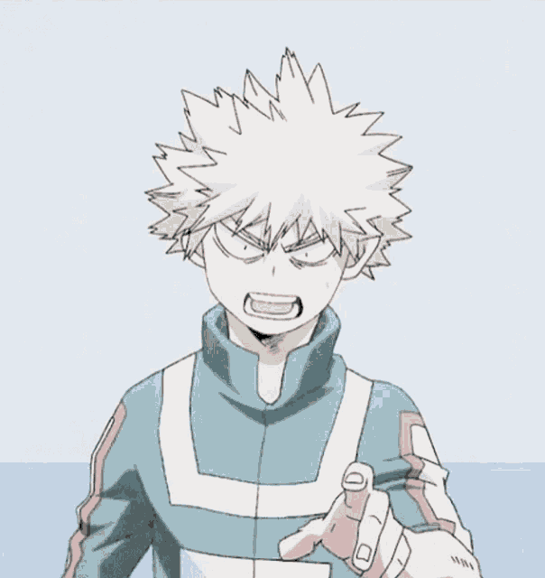 katsuki bakugo from my hero academia is pointing at the camera .
