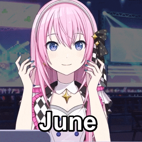 a pink haired anime girl with the name june written below her