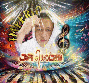 a man in a white hoodie is surrounded by music notes and the name jakob