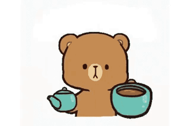 a cartoon teddy bear is drinking tea from a teapot .