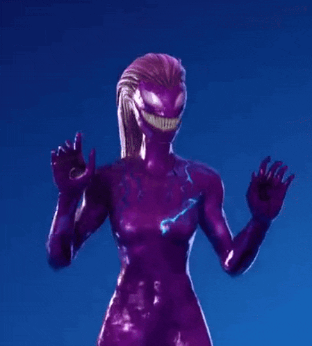 a woman in a purple bodysuit is standing with her arms in the air against a blue background .
