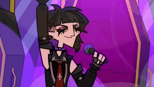 a cartoon character is singing into a microphone with a purple background