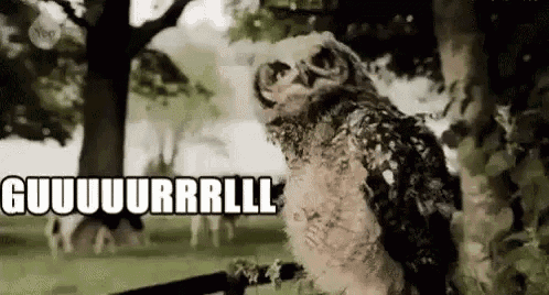 a baby owl is standing next to a tree in the woods and yawning .