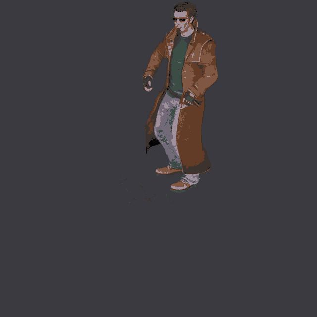 a man in a trench coat is holding a gun and has the letter t on his shirt