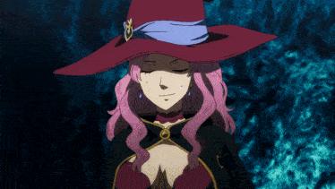 a woman with pink hair is wearing a red hat
