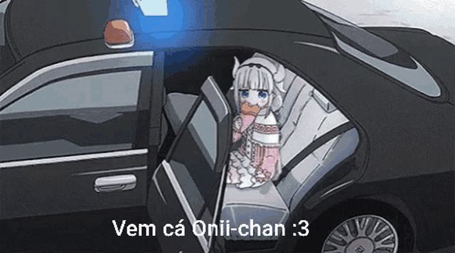 a cartoon of a girl sitting in the back seat of a car with the words vem ca onii-chan : 3 below her
