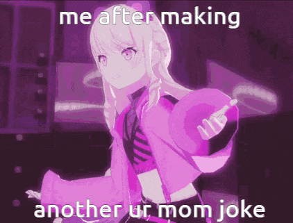 a purple anime girl is giving the middle finger while holding a hat .