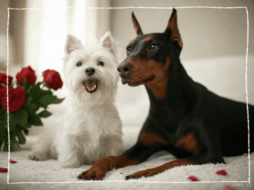 a black dog and a white dog are laying next to each other in front of a bouquet of red roses