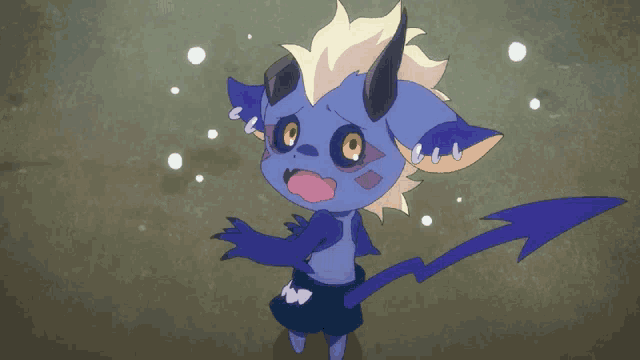 a cartoon drawing of a blue monster with a horn and a tail