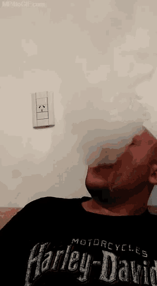 a man wearing a harley davidson shirt is blowing smoke into the air