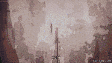 a cartoon of a person standing in a forest with the words huh on the bottom