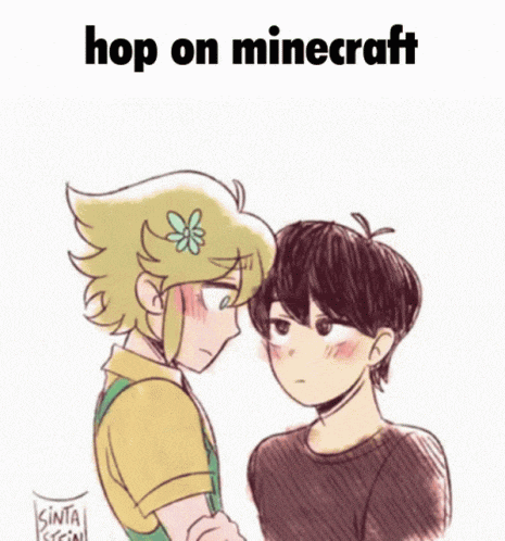 a drawing of a boy and a girl with the words hop on minecraft above them