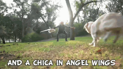 a man playing frisbee with a dog in a park with the words and a chica in angel wings above him