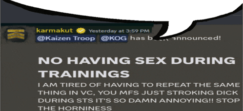 a speech bubble with the words " no having sex during trainings "