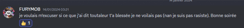 a screenshot of a message from furymob with a thumbs up icon