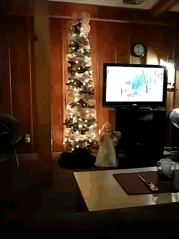 a kitchen with a christmas tree and a clock on the wall above it