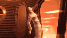 a man in a white suit is standing in a doorway in a video game .