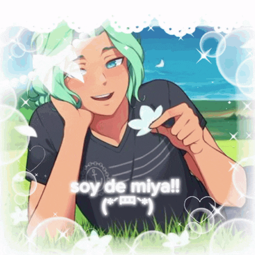 a boy with green hair is laying in the grass with the words soy de miya written above him