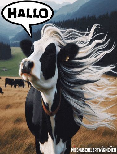 a black and white cow with a speech bubble saying hallo