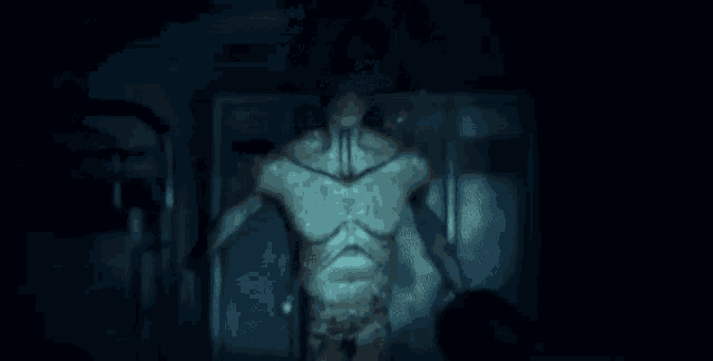 a man is standing in a dark room with his arms outstretched and his torso visible .