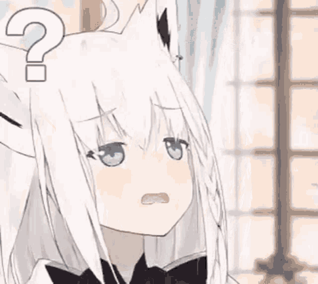 a white anime girl with a question mark above her head