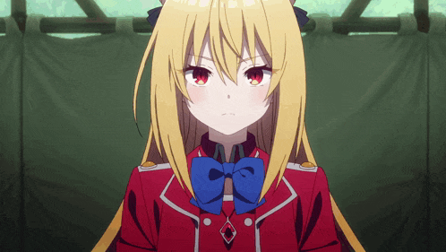 a blonde anime girl wearing a red jacket and blue bow tie