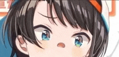 a close up of a anime girl 's face with blue eyes and black hair .