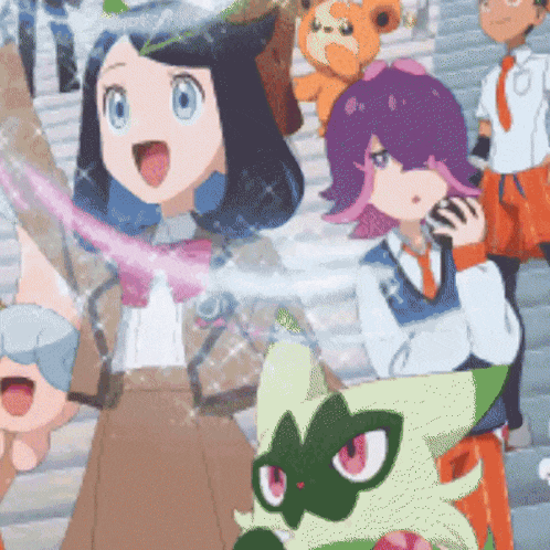 a group of anime characters including a green cat