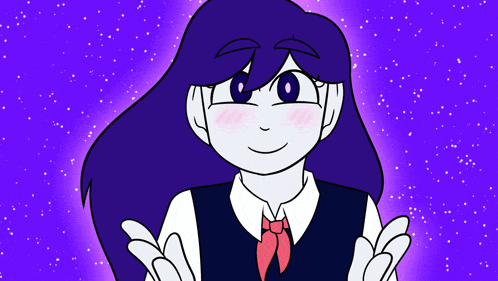 a drawing of a girl with blue hair and a red bow tie