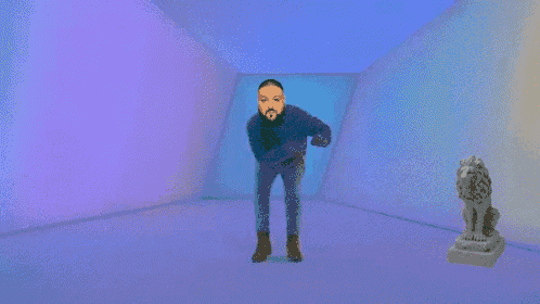 a man is running in a room with a statue of a lion in the background .