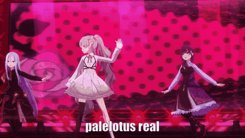 a group of anime girls are dancing on a stage with the words palelotus real written on the bottom .