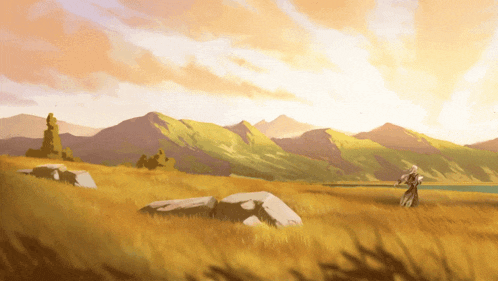 a painting of a woman standing in a field with mountains in the background