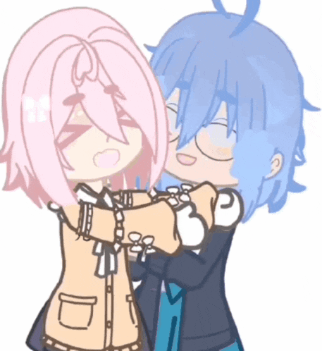 a girl with pink hair is hugging a boy with blue hair .