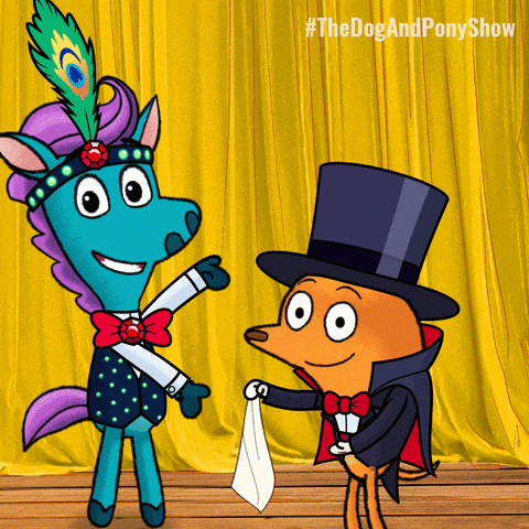 two cartoon characters on a stage with a yellow curtain behind them and the words #thedogandponyshow
