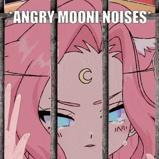 an angry mooni noises poster with a pink anime girl