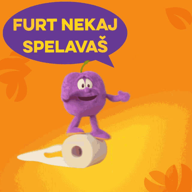 a cartoon character is standing on a roll of toilet paper with a speech bubble that says furt nekaj spelavas