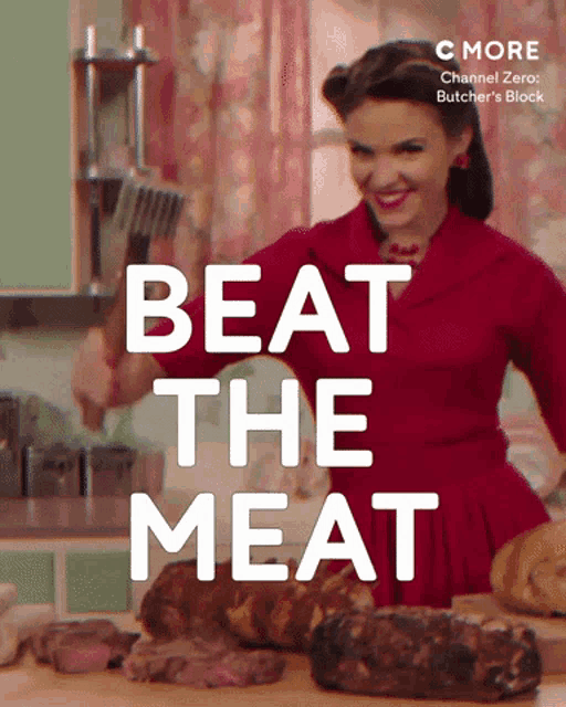 a woman in a red dress is cutting meat in a kitchen with the words beat the meat above her