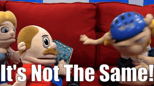 a couple of stuffed animals on a red couch with the words it 's not the same