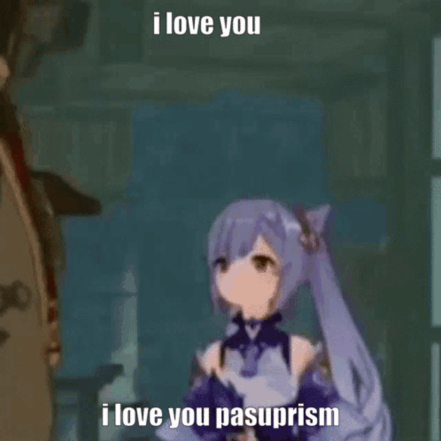 a cartoon girl with purple hair is standing next to a man holding a hammer and says `` i love you '' .