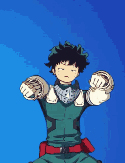 a cartoon character with green hair and a red belt stands in front of a blue background