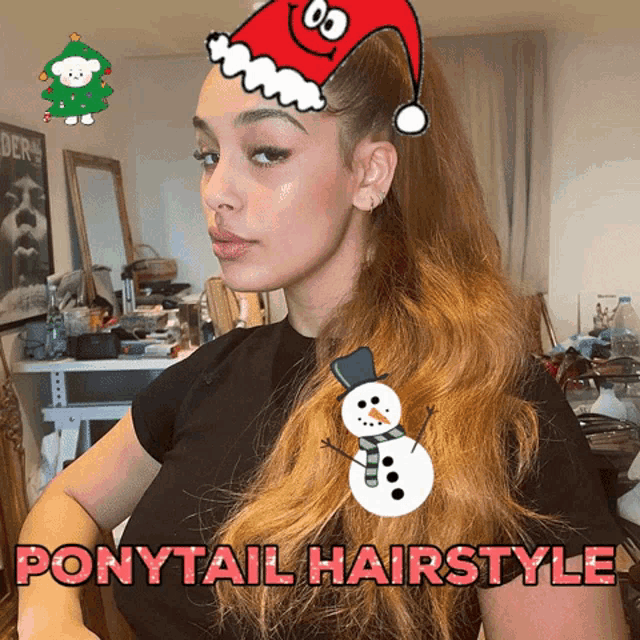 a woman wearing a santa hat and ponytail hairstyle with a snowman on her hair