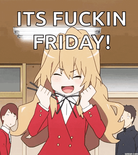a picture of a girl with chopsticks and the words " its fuckin friday " above her
