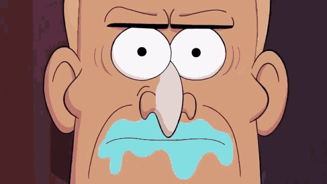 a close up of a cartoon character with a blue nose